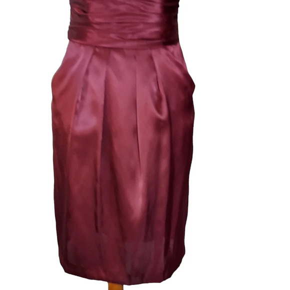 David's Bridal Burgundy Satiny Strapless Dress Ruched Waist and Pockets - Picture 4 of 16